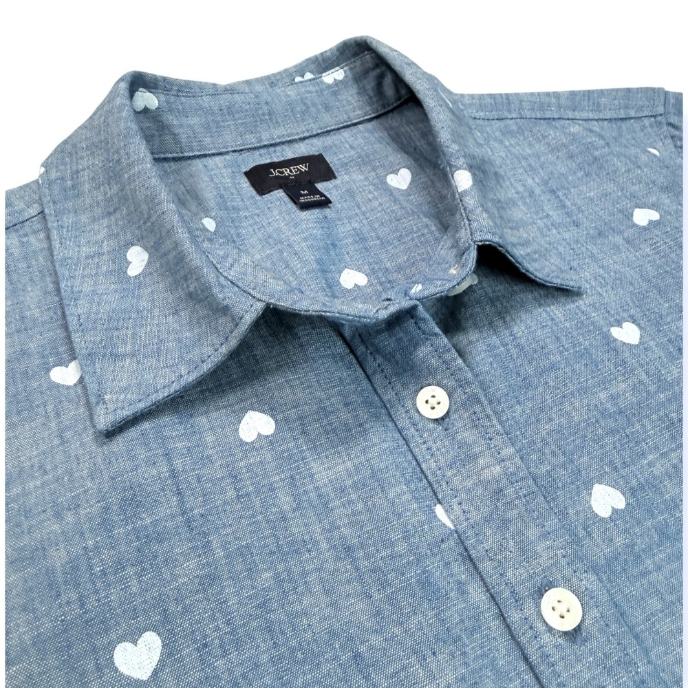 J Crew Blue Chambray Shirt Women Medium Button Down Heart Preppy Casual Country